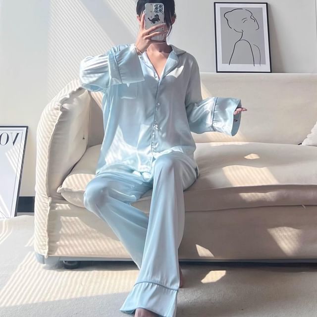 GOUB-Pajama Set Long-Sleeve Plain Shirt Pants