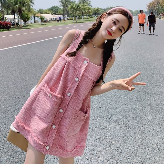 Tzarkozy-Sleeveless Square Neck Plain Mini A-Line Dress