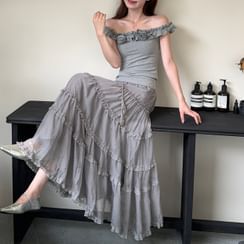 Drawstring Waist Plain Tiered Mini A-Line Skirt