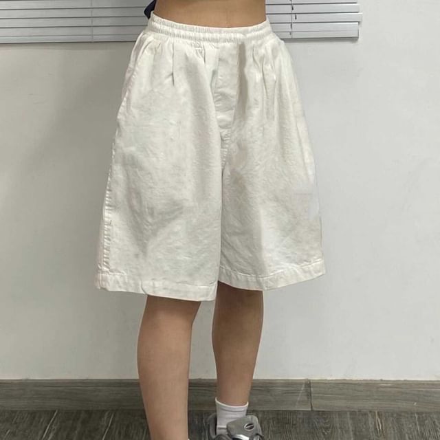 Shineon Studio-Elastic Waist Plain Bermuda Shorts