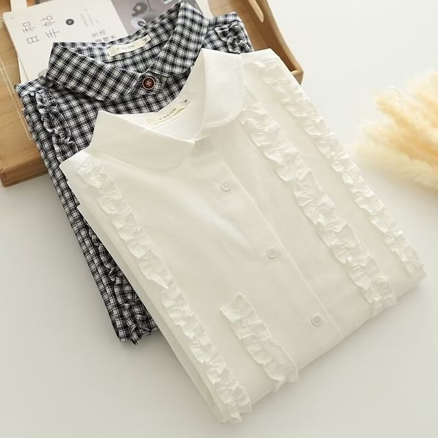 PANDAGO-Long-Sleeve Peter Pan Collar Frill Trim Button-Up Blouse