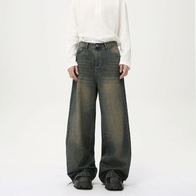 FAERIS-Mid Rise Washed Wide Leg Jeans