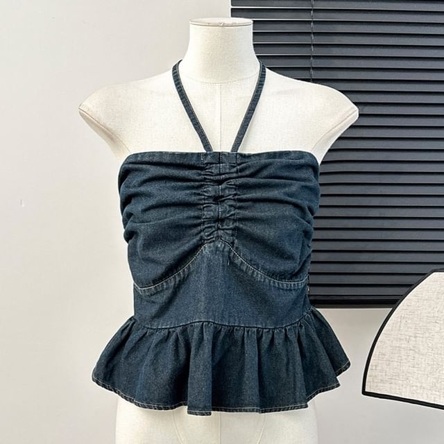 Lemongrass-Ruffled Denim Halter Top