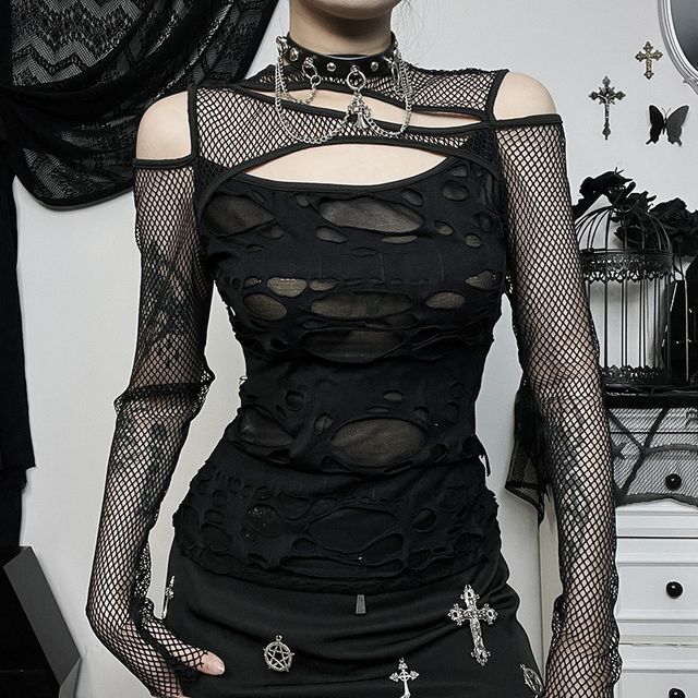 meadowdrop-Long-Sleeve Cutout Fishnet Shrug