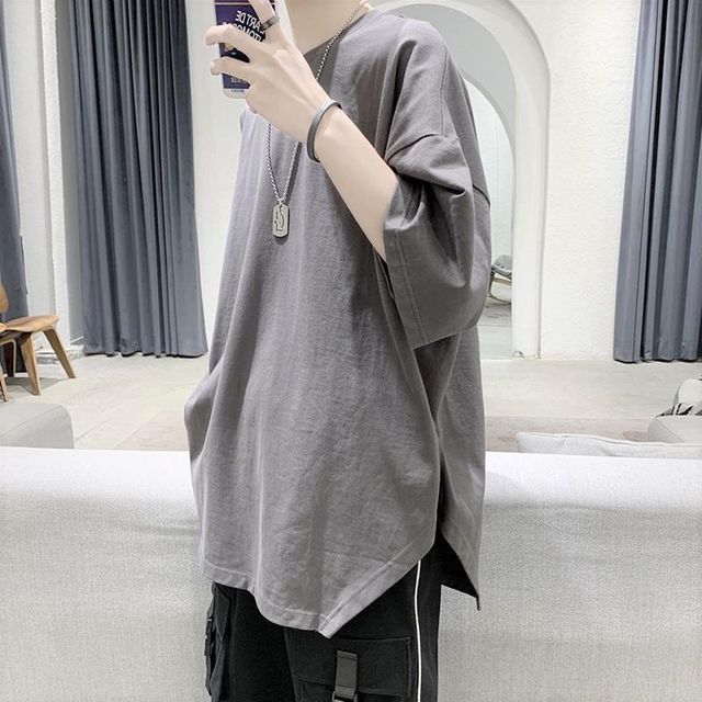 Blueforce-Elbow-Sleeve Crew Neck Plain Slit T-Shirt