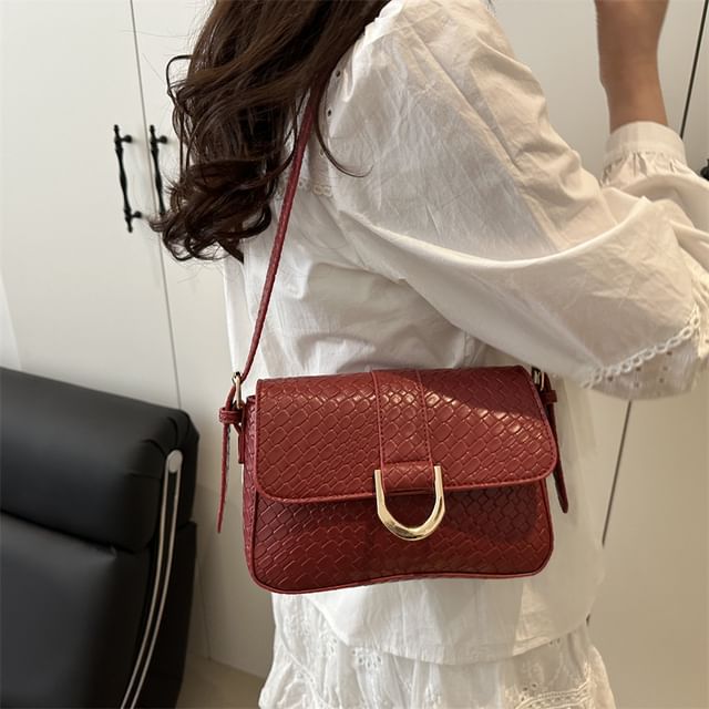 NewTown-Plain Faux Leather Flap Shoulder Bag