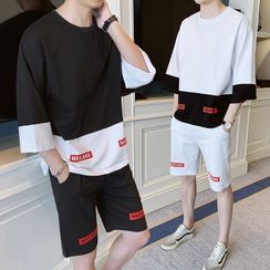 Bay Go Mall - Set: Contrast Color 3/4-Sleeve T-Shirt + Straight-Cut Sweatshorts Bay Go Mall - Set: Contrast Color 3/4-Sleeve T-Shirt + Straight-Cut Sweatshorts