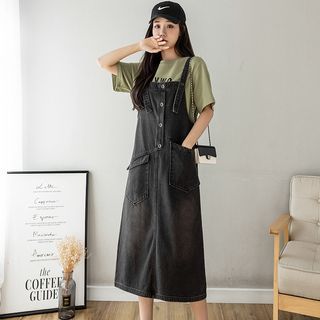 Happo Washed Half-Button Midi A-Line Overall Denim Dress Sale