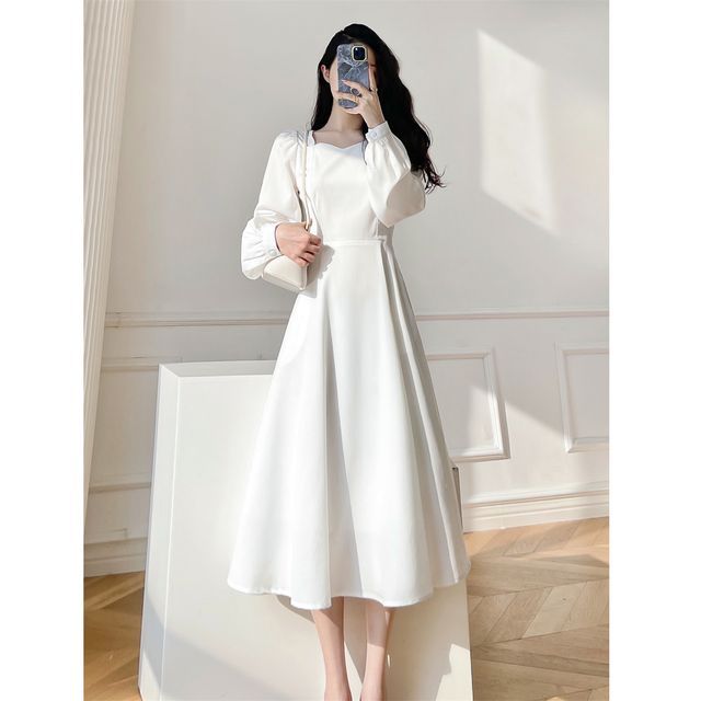elegant a line midi dress with sleeves Grace Blue Midi Dress with Long Sleeves – CaeliNYC® main image 0