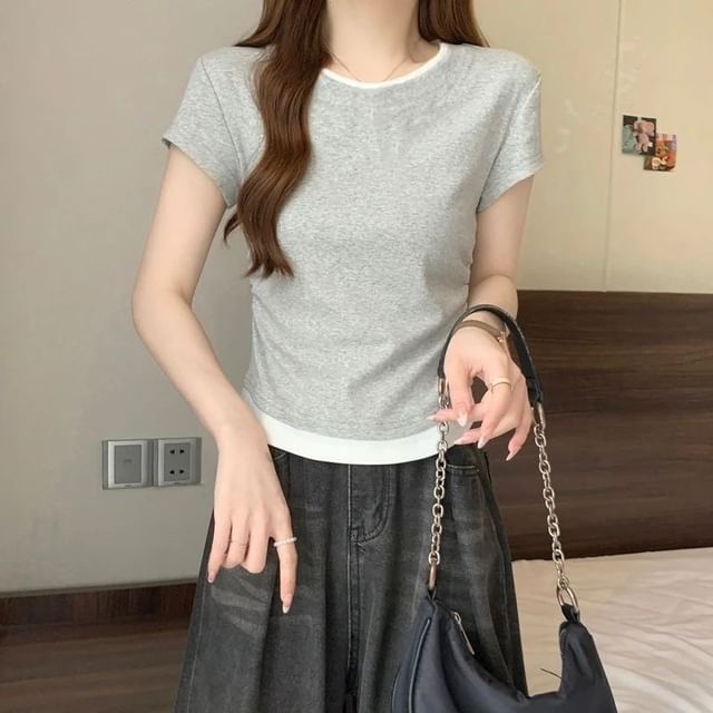 Cloud Nine-Short Sleeve Round Neck Mock Two Piece Ruched Tee