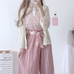 Yoshimi - Open-Front Cardigan / Pointelle Knit Camisole Top / Chiffon Wide-Leg Pants Yoshimi - Open-Front Cardigan / Pointelle Knit Camisole Top / Chiffon Wide-Leg Pants