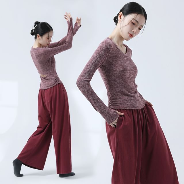 femmal-Long-Sleeve V-Neck Plain Knit Top