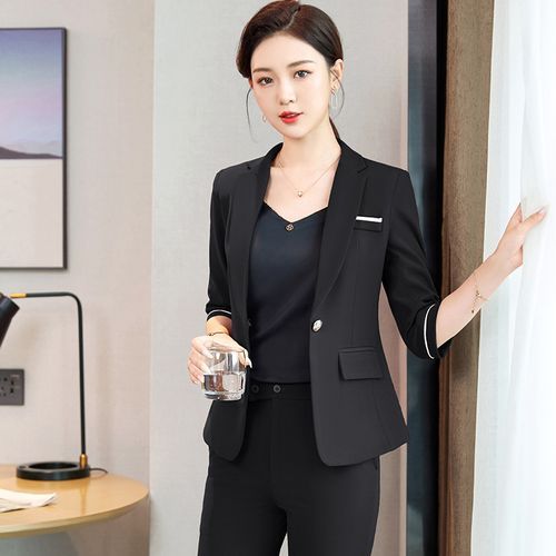 Black Big Collar Pantsuit, Designer Woman Korean Style Montone