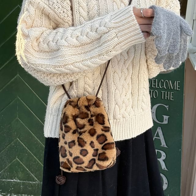 Basaran-Leopard Print Fluffy Mini Crossbody Bag