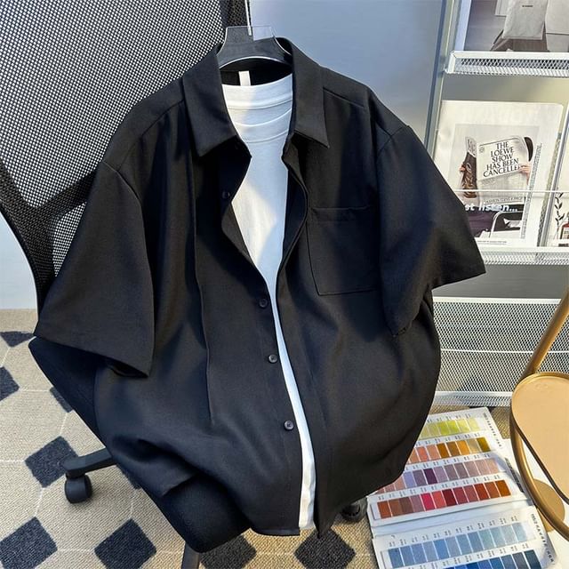 Whyessa-Short-Sleeve Collared Plain Button Up Shirt