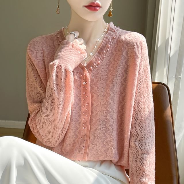Weelop-V-Neck Beaded Plain Cardigan
