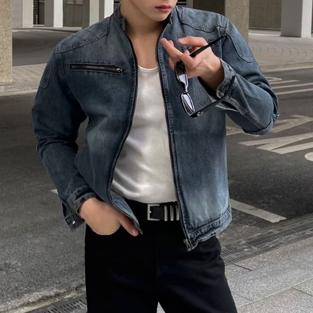 MRCYC-Stand Collar Washed Distressed Denim Zip Jacket