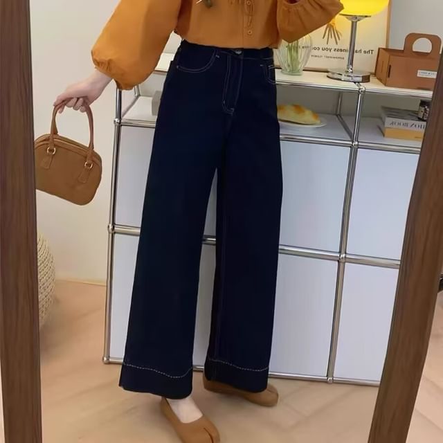 Wildfoea-Mid Waist Wide Leg Jeans