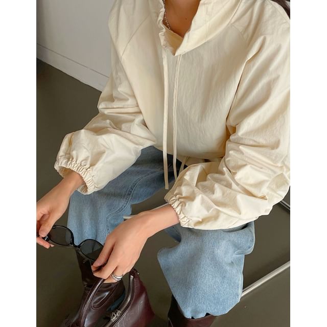 SeoulPop-F Long-Sleeve Drawstring Neck Plain Pullover