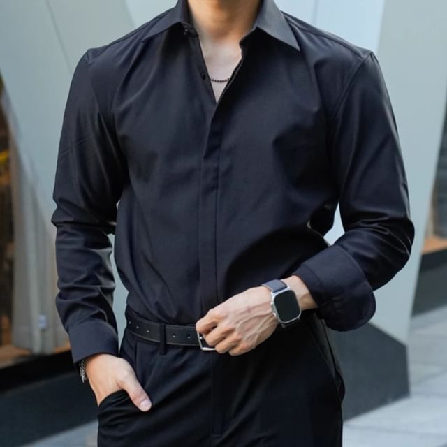 DragonRoad-Long Sleeve Collared Plain Shirt