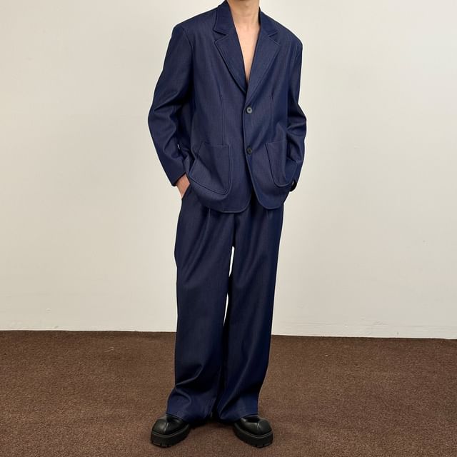 DragonRoad-Set Notch Lapel Plain Single Breasted Denim Blazer Mid Rise Straight Leg Pants