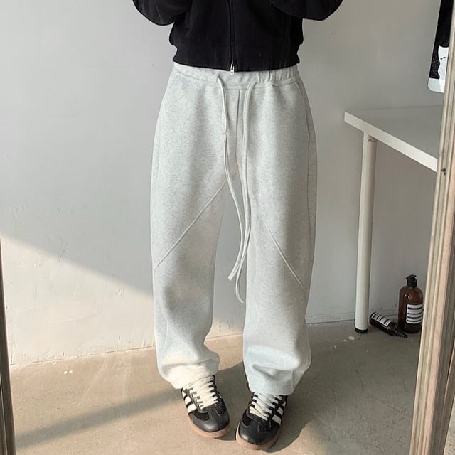 Omozando-Drawstring Waist Plain Loose Fit Pants
