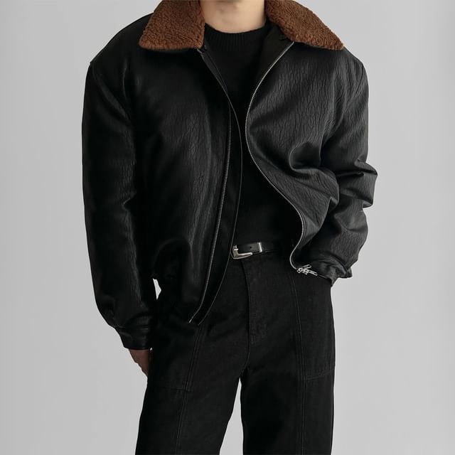 Okwano-Plain Fluffy Trim Faux Leather Zip Jacket