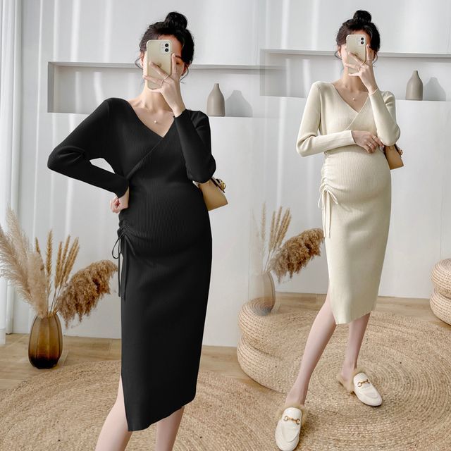 Rosy Street-Maternity Long-Sleeve V-Neck Plain Drawstring Ribbed Knit Sheath Dress