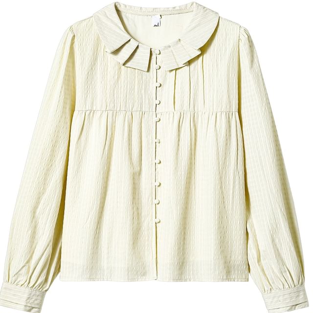 Lady Jean-Puff-Sleeve Plain Pleated Collar Button-Up Blouse