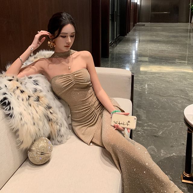JIYON-Strapless Glitter Shirred Bodycon Evening Gown