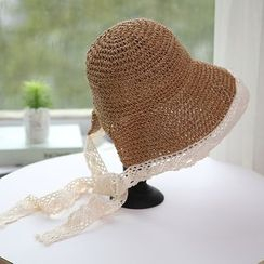 Skycap - Lace Trim Straw Bonnet Hat