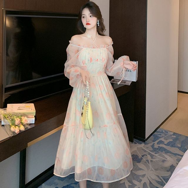 chinese dress ladies Brown Leopard Print Long Sleeve Bardot Ruched Mesh Midi Dress – AX Paris main image 0