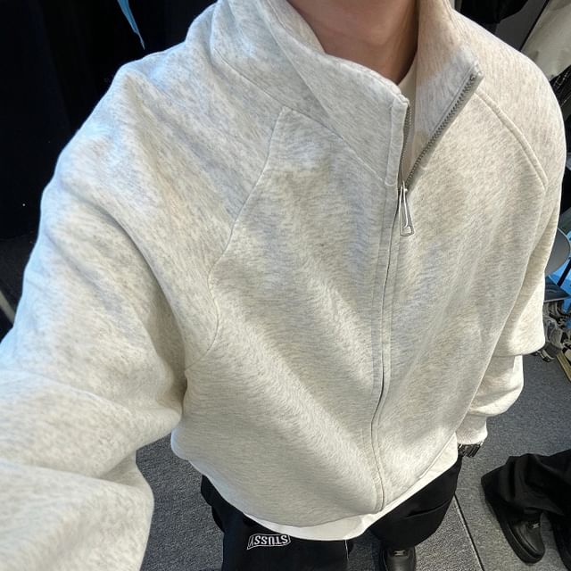 GRAYCIOUS-Stand Collar Plain Zip Jacket