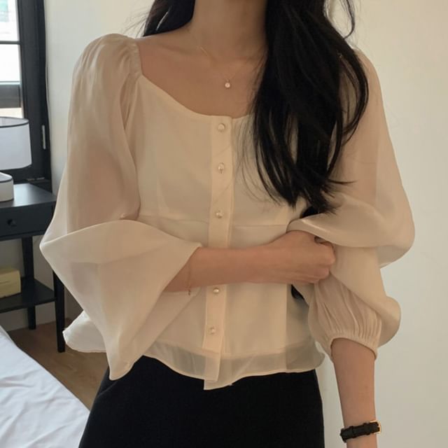 Coris-Long-Sleeve V-Neck Button-Up Plain Blouse