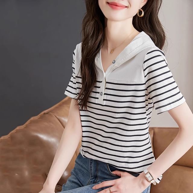 Dragan Pulse-Short-Sleeve Striped Half-Buttoned Hoodie