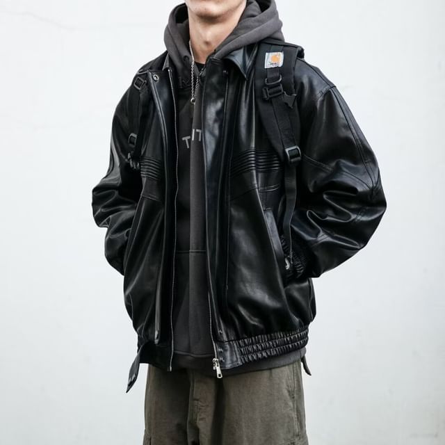 Ateso-Collar Plain Faux Leather Zip Jacket
