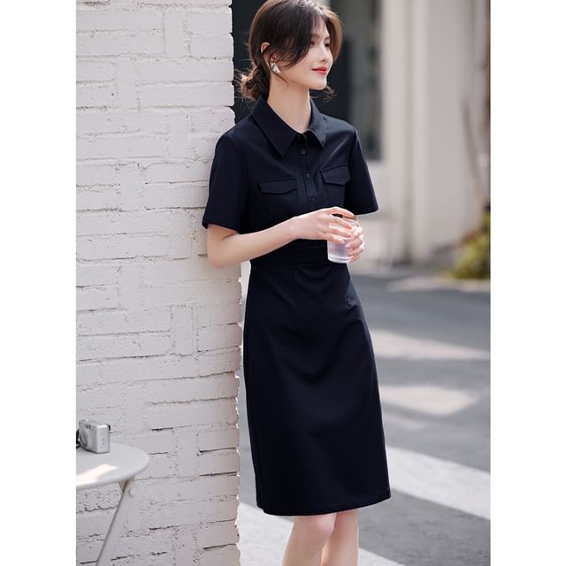 Short-Sleeve Collar Plain A-Line Dress