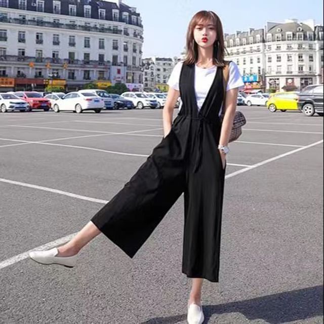 Everose-V-Neck Plain Wide Leg Dungaree