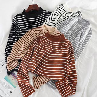 Miss Puff - Mock-Neck Striped Sweater | YesStyle