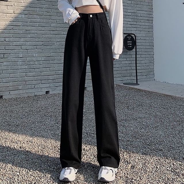 Sienne-High Waist Plain Straight Leg Jeans