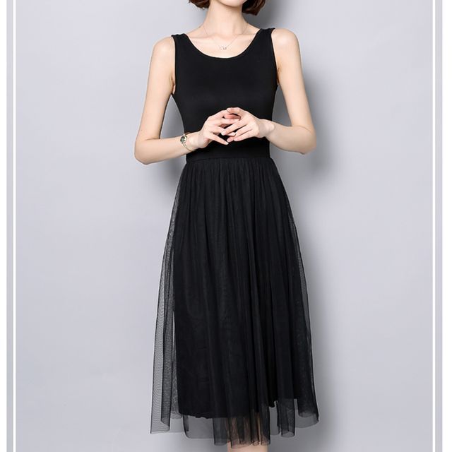 Everose-Mesh Panel Midi A-Line Tank Dress