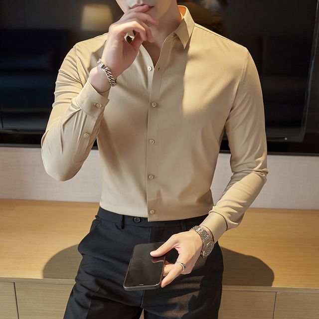 Blueforce-Long-Sleeve Plain Button-Up Shirt