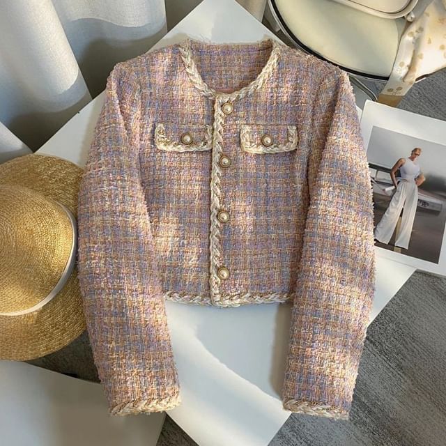Metonymph-Round Neck Tweed Pearl Button Cropped Jacket