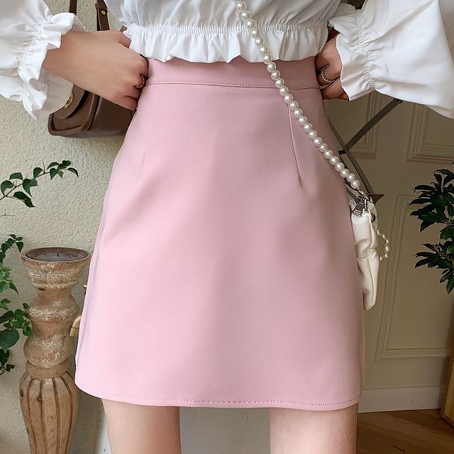 Strawolf-High Waist Plain Mini A-Line Skirt