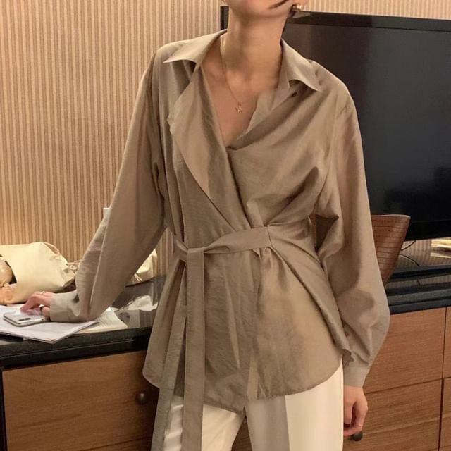 Jesong-Plain Wrap Shirred Shirt