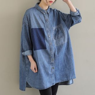 Taragon Patchwork Loose-Fit Denim Shirt Jacket Sale
