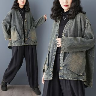 Lewwe V-Neck Button-Up Denim Jacket Sale