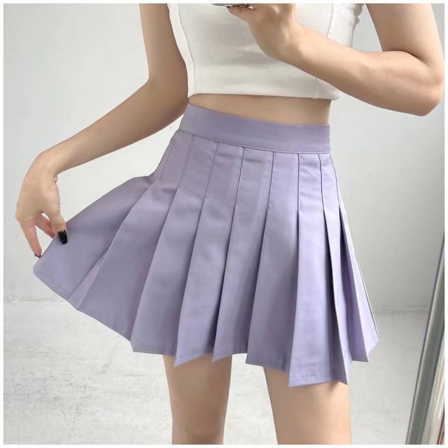 Ulark-High Waist Plain Pleated Mini A-Line Skirt