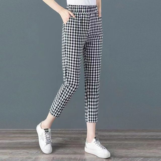 Everose-Elastic Waist Plaid Cropped Tapered Pants