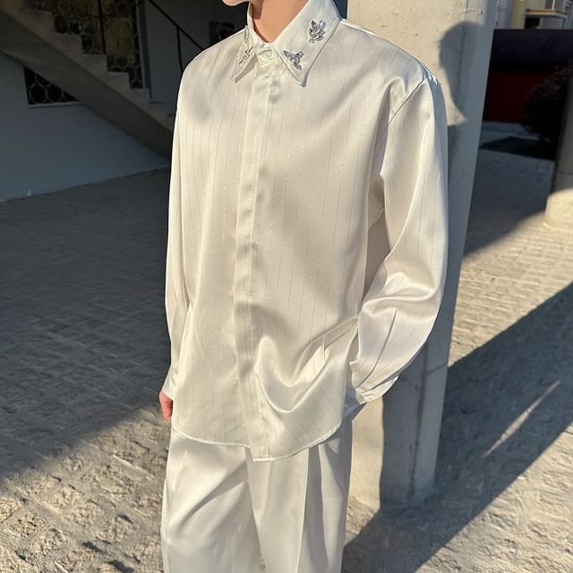 Omozando-Long-Sleeve Striped Rhinestone Shirt